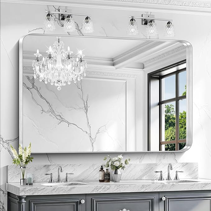 CIRCUMI Silver Bathroom Mirror, 36"x55" Rectangular Mirror with Deep Metal Frame, Rounded Corner, Tempered Glass, Large Mirror for Wall, Over 2 Sinks, Installed Vertically/Horizontally, Crystal-Clear