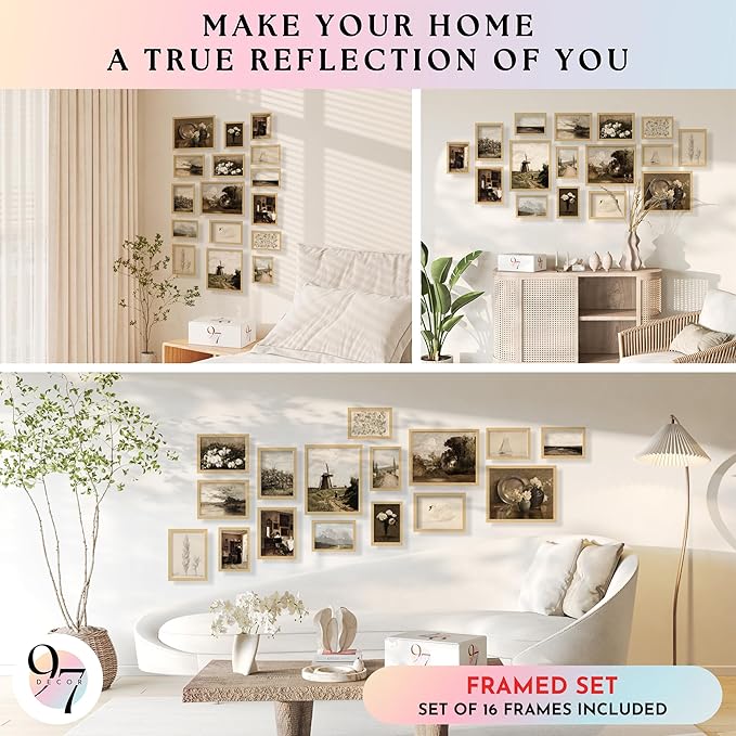 97 Decor Vintage 16PCS FRAMED Wall Art - Framed Vintage Wall Art Prints, Vintage Posters For Room Aesthetic, Lanscape Prints For Wall Decor, Moody Gallery Wall Pictures Botanical Paintings For Home Bedroom (BEIGE FRAME)