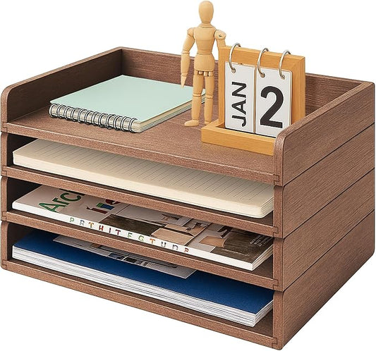 PROLEE Wooden Paper Tray Organizer for Desk,Stackable Paper Holder and Letter Tray,4-Tier Desktop File Storage Rack for Study,Home and Office(Walnut,14" x 9.5" x 2.5")