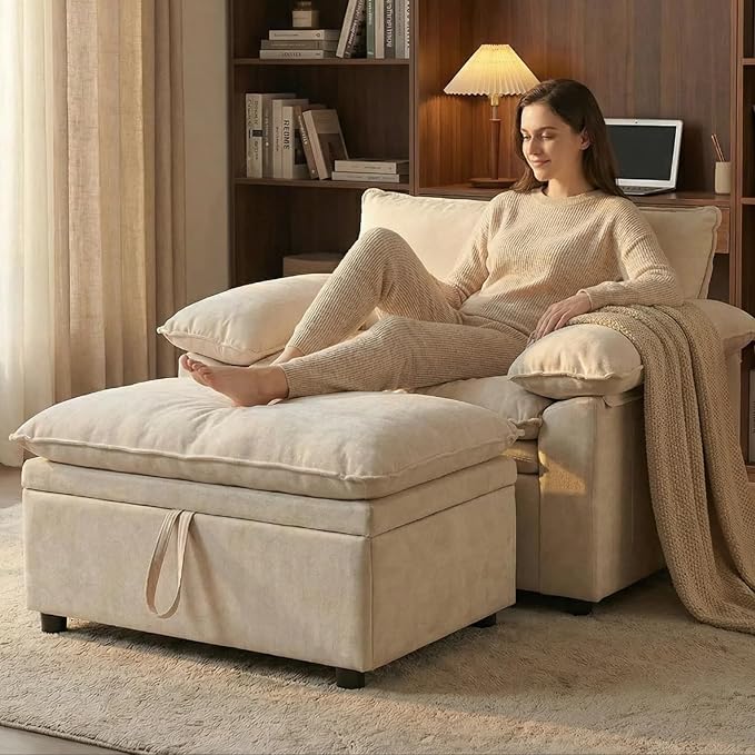 Furnimart Oversized Accent Chair with Storage Ottoman, Super Plush Cloud Chair, Chunky Cushion Chenille Chaise Lounge for Living Room Bedroom Reading Nook, Beige