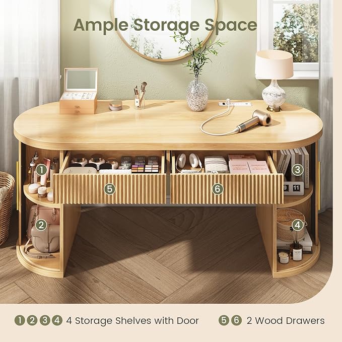 SEDETA Office Desk with 2 Drawers, 58.3" x 21.7" Fluted Computer Desk with 2 Sliding Doors Storage and Power Strip, Wood Executive Desk for Home Office, Light Oak