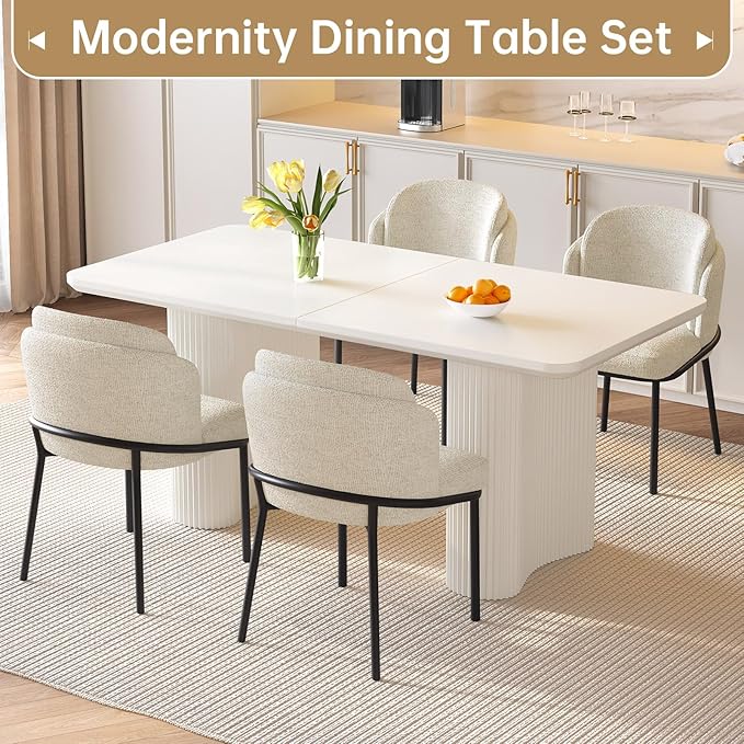 Dining Table Set for 4, 62.99" Rectangular Kitchen Table with 4 Chairs, 5-Piece Dining Set with Waved Legs for Kitchen Living Room, Home, Apartment, White