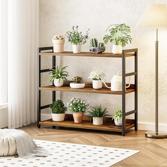 NUMENN Wide Bookshelf, 3 Tier Bookshelves, Home Office Bookcase Shelf Storage Organizer, Free Standing Storage Shelving Unit for Bedroom, Living Room and Home Office, Vintage
