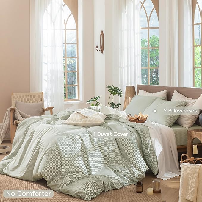 MooMee Striped Duvet Cover Set 100% Washed Cotton Linen Like Textured Breathable Durable Soft Comfy (Sage Green White Pinstripes, Full 80"x90")