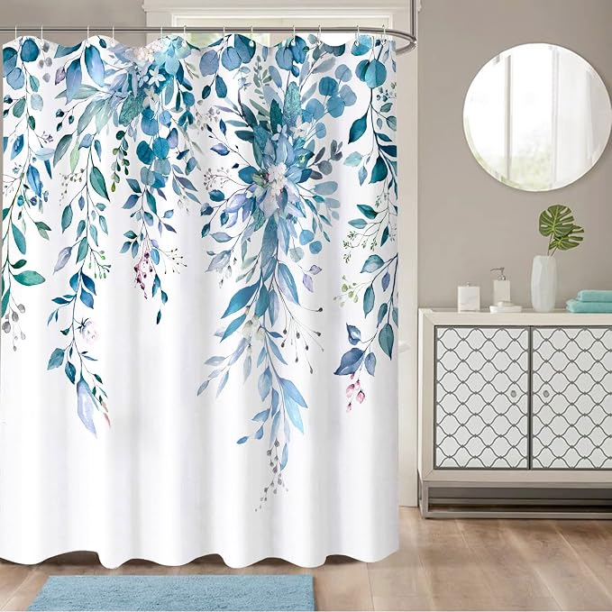 Blue Eucalyptus Shower Curtain Watercolor Floral Plant Leaf Shower Curtains for Bathroom Botanical Flower Waterproof Fabric Bath Curtain Decor with Hooks (Blue, 72'' x 72'')