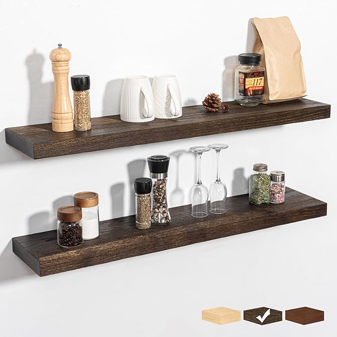 RICHFOCUS Rustic Wooden Floating Shelves for Wall - 36 Inch Wood Shelves Set of 2-7.9 Inch Deep Solid Paulownia Wood Wall Mounted Shelves with Upgraded Metal Brackets for Room Decor, Walnut