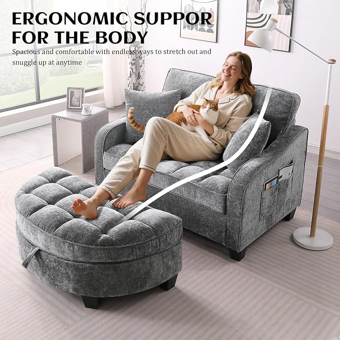 Oversized Curved Chaise Lounge Chair Indoor with Ottoman, 54.8" Cloud Boneless Reading Chair Soft Chenille Circle Couch w/Adjustable Backrest for Living Room, Apartroom, Bedroom, Grey