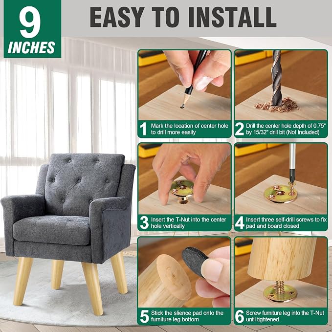 FoDau770 Rubber Wood Furniture Legs 9 Inches, 5/16" UNC Slant Tapered Wood Feet Mid Century Sofa Legs, Wooden Furniture Feet Replacement Parts for Cabinet Couch Dresser Chair Ottoman Table