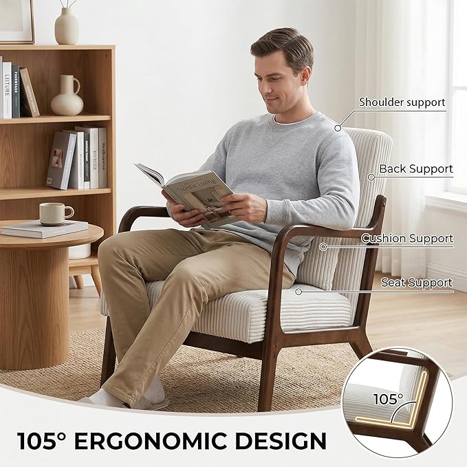 Mid Century Modern Accent Chair, Upholstered Corduroy Armchair with Lumbar Pillow, Solid Rubberwood Frame for Living Room, Bedroom, Waiting Room, White