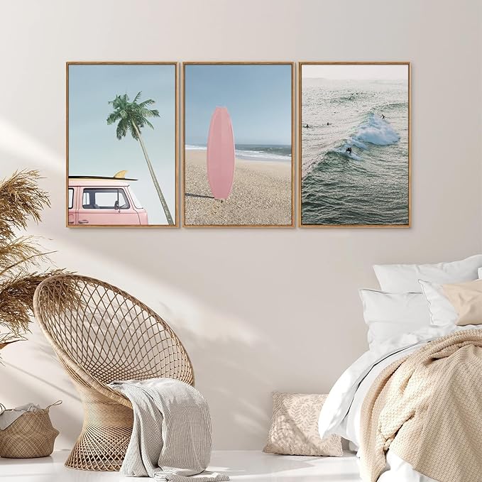 Tinonedraw Large Ocean Beach Framed Canvas Wall Art, Summer Coastal Surfboard Wall Decor, Palm Tree Pink Car Artwork, Modern Surfing Seascape Art Prints for Living Room Bedroom Office 24"x36"x3