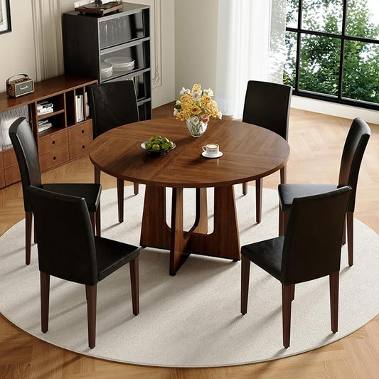47" Round Dining Table Set for 6, Walnut Wood Grain Table and 6 Black PU Leather Upholstered Chairs Set, Mid Century Modern Kitchen Table Set with Cross Legs