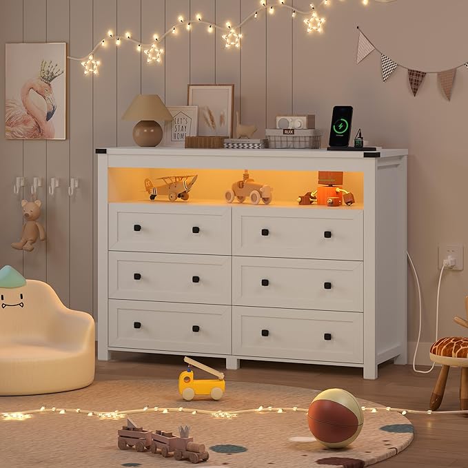 White Dresser 6 Drawer Dressers for Bedroom with LED Lights, Charging Station, Wood Chest of Drawers with Metal Handles, Modern TV Stand Storage Cabinet for Living Room, Hallway, Entryway