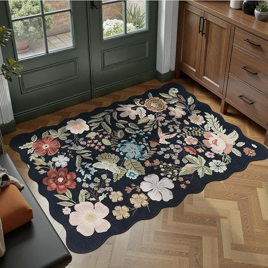 DCX Black Floral Rug 2x3, Washable Black Rug for Living Room, Kid & Pet Friendly with Rubber Back Non Slip, Soft Low Pile Carpet, Stain Resistant Rug for Bedroom, Nursery, Dining Room