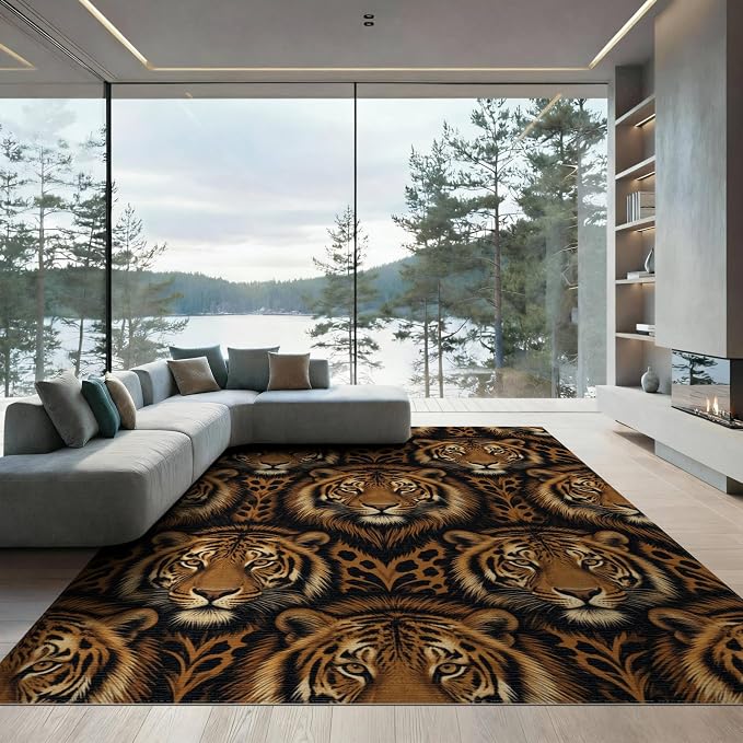 9'x12' Washable Flatwoven Rug, Brown Modern Tiger Print Stain Resistant Massive Carpet Non-Slip Chair-Friendly Mat for Dining Room, Basement, Large Office | Ref:2229845
