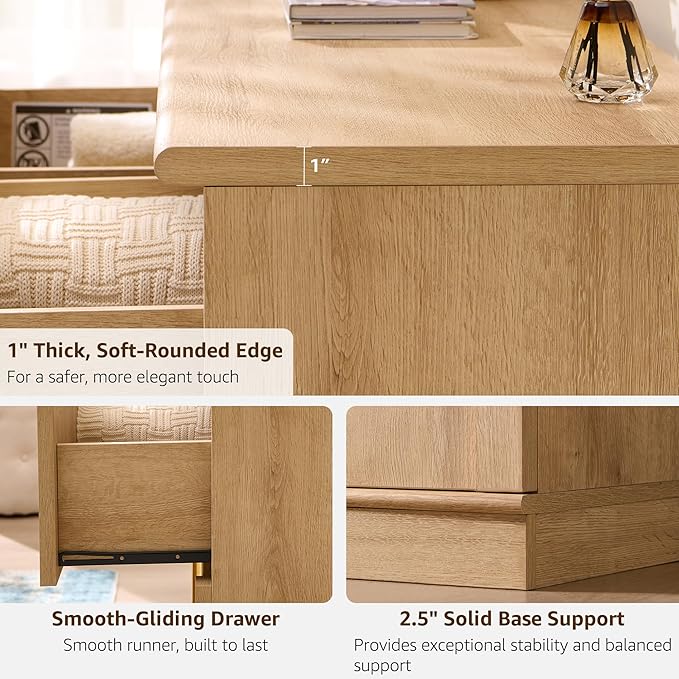 ACCOHOHO Arched Dresser for Bedroom with 6 Drawers, 47.3" Wide Modern Chest of Drawers with Rounded Edge & Metal Handles, Wood Storage Closet Dressers TV Stand for Living Room, Hallway, Oak