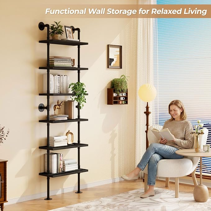 Industrial Ladder Pipe Shelves, Wall Mounted Wood Metal Rustic Bookshelf for Living Room (Black, 6 Tier - 10" D x 24" W x 82.5" H)