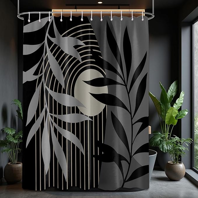 Boho Black and Grey Shower Curtain, Mid Century Modern Black and Gray Shower Curtains for Bathroom, Waterproof Fabric Set with Hooks, (70" W X 96" L)