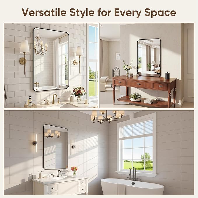 Bathroom Mirrors for Over Sink 30" x 30", Black Metal Frame Rounded Corner Rectangle Wall Mirror, Modern Farmhouse Vanity Mirror(Horizontal/Vertical)