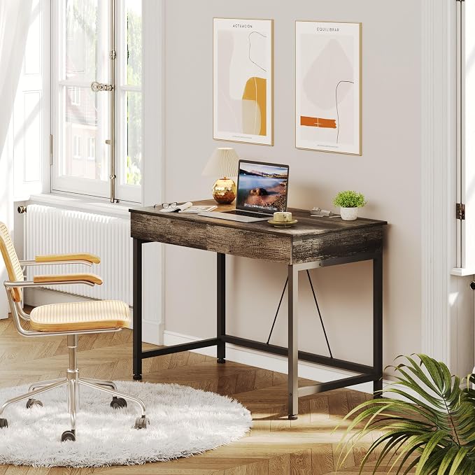 Mexin Small Desk with 2 Wooden Drawers, 40 Inch Home Office Writing Desk, Vanity Desk with Storage, Computer Desk for Bedroom Small Spaces, Table for Office, Work, Kids Study, Makeup, Gray Oak