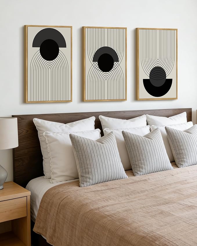 Drsoum Black Boho Wall Art Framed Modern Decor Bohemian Wall Decor Abstract Geometry Lines Prints Ready to Hang 16x24in Natural Framed
