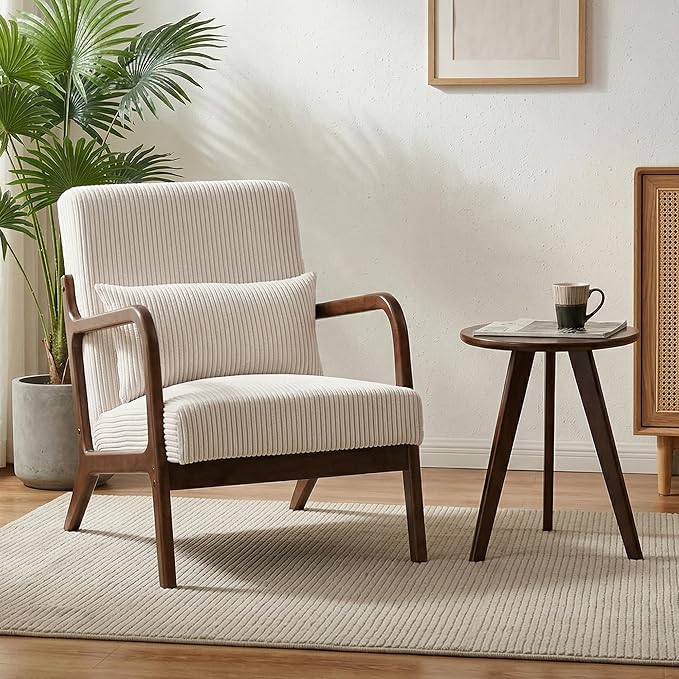 Mid Century Modern Accent Chair with Side Table, Upholstered Corduroy Armchair with Lumbar Pillow, Solid Rubberwood Frame for Living Room, Bedroom, Reading Nook, White/Walnut
