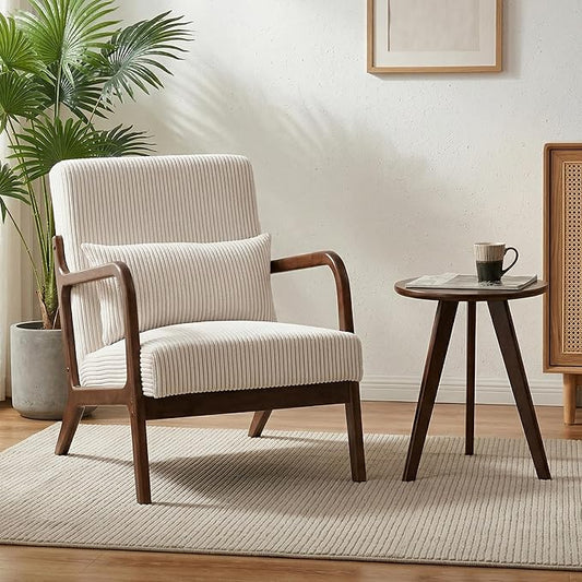 Mid Century Modern Accent Chair with Side Table, Upholstered Corduroy Armchair with Lumbar Pillow, Solid Rubberwood Frame for Living Room, Bedroom, Reading Nook, White/Walnut