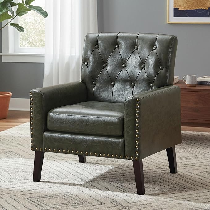 Mid Century Modern Accent Chair, Dark Green Faux Leather Office Chair for Reception - Tufted Leather Club Chair for Living Room, Bedroom, or Waiting Room
