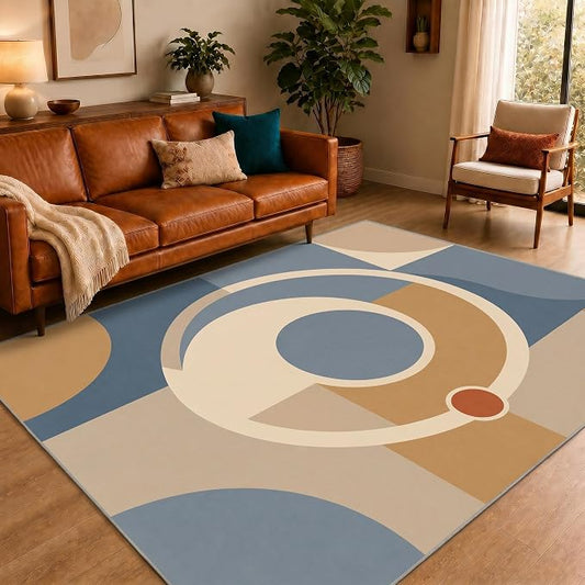 Mid Century Area Rug 3x5, Home Decor | Dusty Blue Camel Mod Orbit, Modern Abstract Circle Rug for Living Room, Bedroom, Home Office, Non Slip, Washable, Low Pile