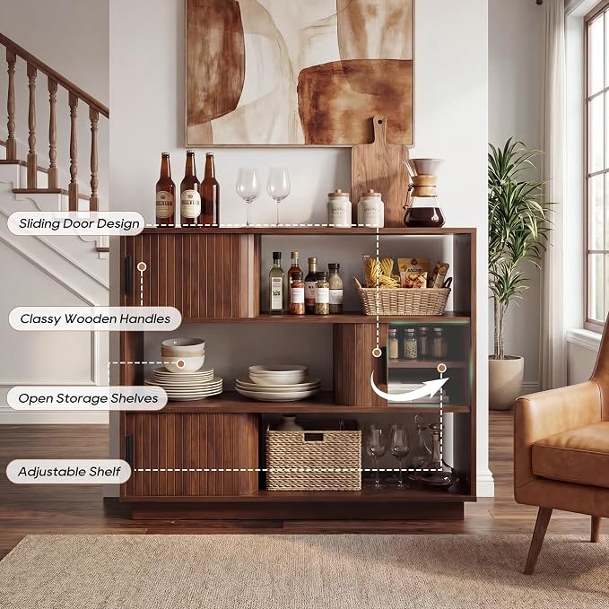 44" Fluted Sideboard Buffet Cabinet with Sliding Doors & Adjustable Shelves, 3-Tier Mid-Century Modern Storage Credenza for Living Room Kitchen Entryway, Wood Coffee Bar Console Table