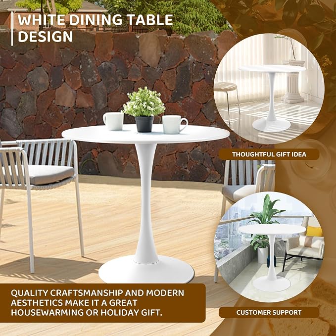 Round White Dining Table Modern Kitchen Table with Pedestal Base in Tulip Design, Mid-Century Leisure Table for 2 to 4 Person，for Kitchen, LivingRoom, Office, Cafe (23.6 x 23.6 x 28.7 inches)