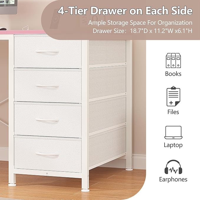 YOMILUVE 50 Inch Computer Desk with 8 Drawers, Home Office Desk with Power Outlets, Work Study Gaming Desk with 8 Fabric Drawers, Pink