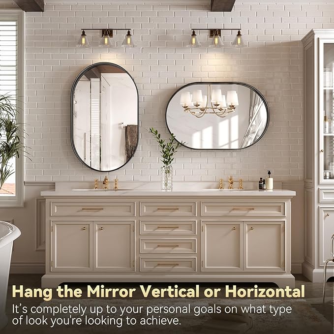 Brightify Black Oval Mirror for Wall 20x33 Inch, Metal Framed Bathroom Vanity Mirrors, Modern Pill Shape Mirror for Bedroom Living Room Wall Decorative Hang Vertical and Horizontal