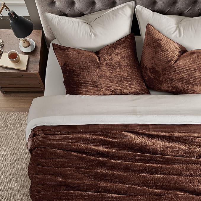 EverGrace Velvet Quilt Set California King 118'' x 106'', Luxurious Soft Bedding Sets, Lightweight Velvet Comforter for All Season, Striped Channel Oversized Bedspread Coverlet w/ 2 Shams, Rust Brown