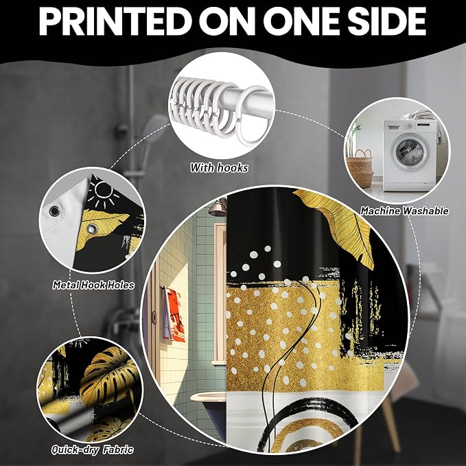 Black and Gold Mid Century Modern Shower Curtain Bohemian Abstract Dark Mens Shower Curtains for Bathroom Decor Sets, Waterproof Cloth Fabric with Hooks, 60x72 Inch