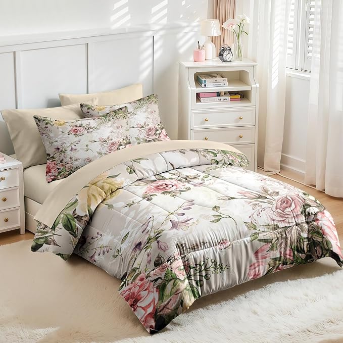 Nesker 7 Pcs Comforter Set King Size, Vintage Flower Summer Bedding Set for Kids and Adults, Rose Floral Shabby Chic Bed Sheet Sets with Fitted Sheet 2 Pillowcases & 2 Shams