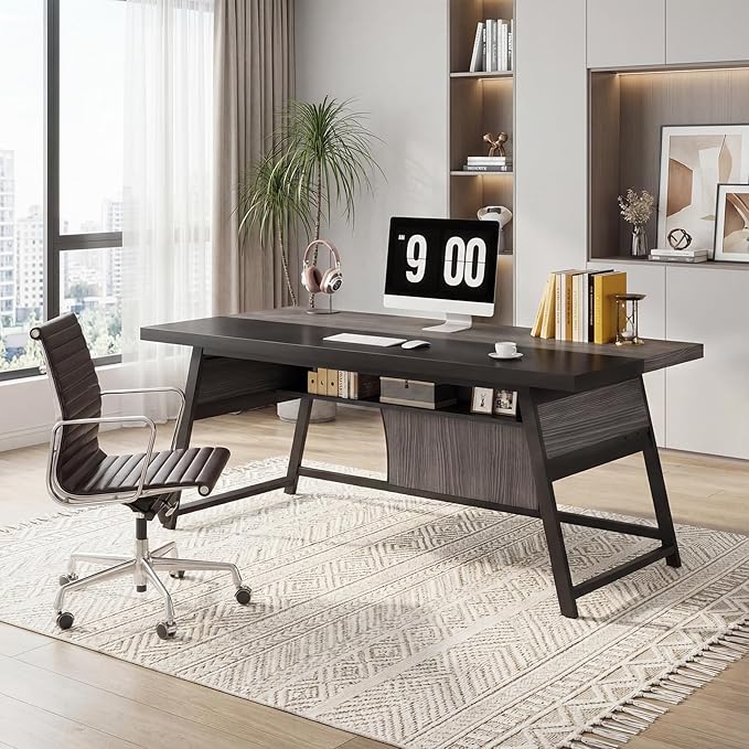 63-inch Executive Desk with Storage Shelf, Large Home Office Desk with Metal Frame & LED Light, Long Computer Desks for Home Office, Gray and Black