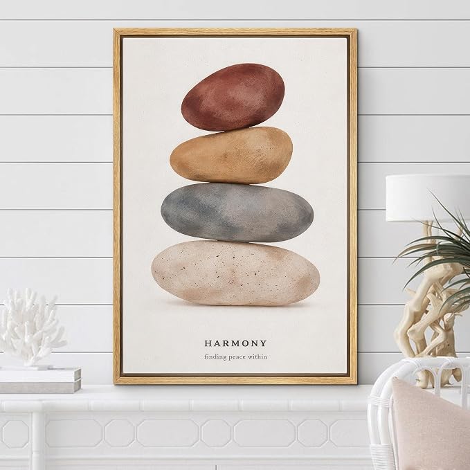 Woodrose Framed Canvas Print Wall Art Zen Balance Stones Harmony Typography Illustrations Modern Art Minimalist 3D Colorful Ultra for Living Room, Bedroom, Office - 16"x24" NATURAL