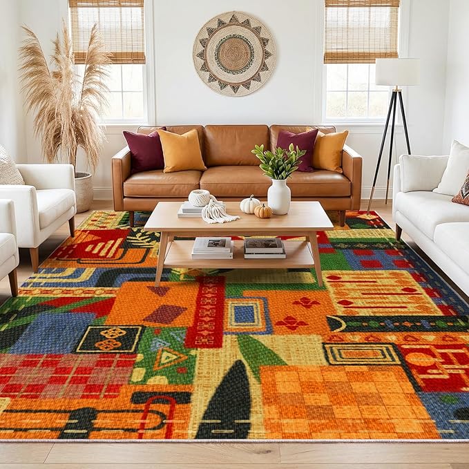 6x9 Abstract Tribal Patchwork Area Rug, Boho Patchwork Colorful Rugs for Living Room, Modern Memphis-Inspired Throw Carpet, Washable Non-Slip Low Pile Rug for Dining Room Office Bedroom Dining Room