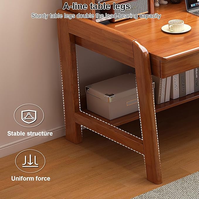 Solid Wood Writing Desk, Mid-Century Modern Computer Desk with Hutch and 2 Drawers, Simple Study Table for Home Office Workstation with Open Storage Shelf