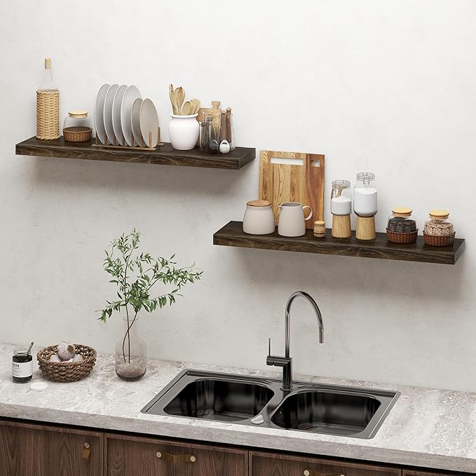Wood Floating Shelves 36 Inch Long, Rustic Solid Elm Wood Shelves for Home Decor, 8 Inch Deep Wall Shelf with Invisible Bracket for Living Room Bathroom Bedroom Kitchen, Walnut Color, Set of 2