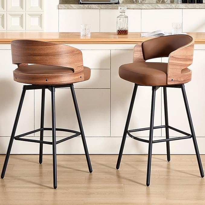 Swivel Bar Stools Set of 2, 26" Counter Height Bentwood Barstool, Upholstered Faux Leather Barstools with Walnut Back, Mid Century Modern Bar Chairs for Kitchen Island, Bar