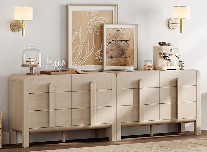 WAMPAT 94.4" W Buffet Cabinet with 12 Drawers, Modern Sideboard Buffet Cabinet with Storage, Buffet Table Coffee Bar Wine Bar Storage Cabinet for Dining Room, Living Room, Hallway, Light Oak