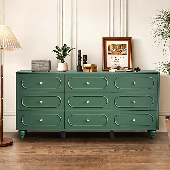 ORRD 9 Drawer Fluted Dresser for Bedroom, Mid Century Modern Chest of Drawers, Wood Storage Small Dresser Organizer for Bedroom Living Room Hallway Closet, Green