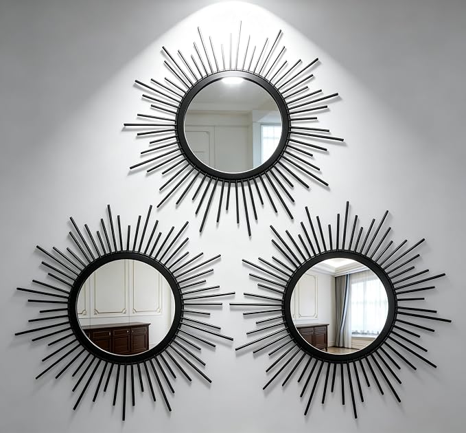 Black Sunburst Mirror Set of 3, 3PCS Metal Round Decorative Wall Mirrors, Starburst Accent Mirror Wall Decor for Living Room, Entryway, Bedroom & Hallway