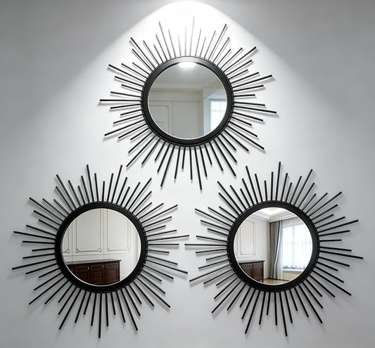 Black Sunburst Mirror Set of 3, 3PCS Metal Round Decorative Wall Mirrors, Starburst Accent Mirror Wall Decor for Living Room, Entryway, Bedroom & Hallway