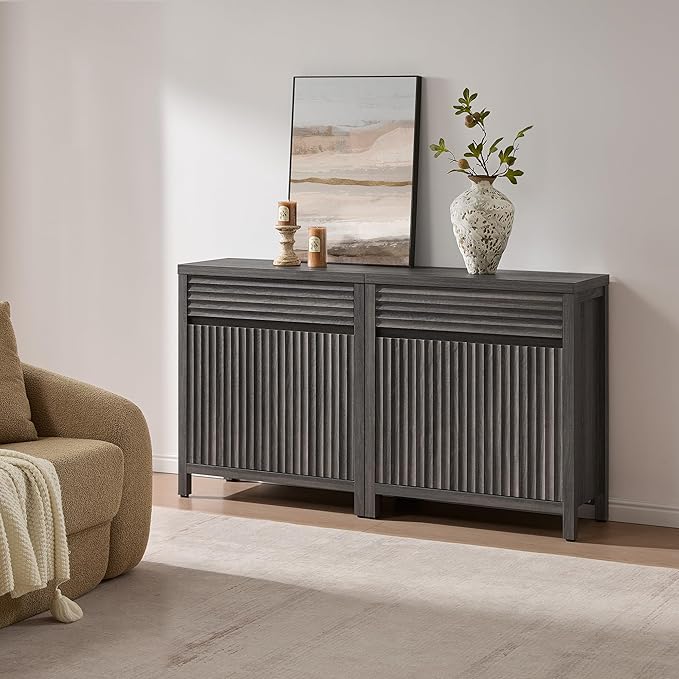 SICOTAS Sideboard Buffet Cabinet with Drawer - 58" Fluted Sideboard Modern Credenza with Doors & Adjustable Shelves, Farmhouse Coffee Bar Media Console for Living Room Kitchen Entryway, Black Oak