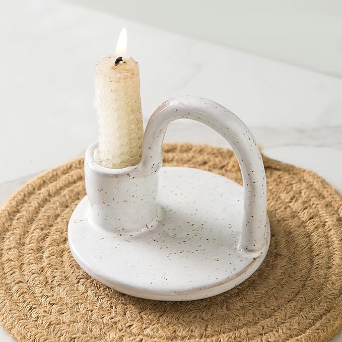 Candle Holder, Ceramic Candle Holder, Christamas Candlestick Holder, for Taper Candles, Vintage Home Decor - White Taper Holder with Handle and Spots - Rustic Style