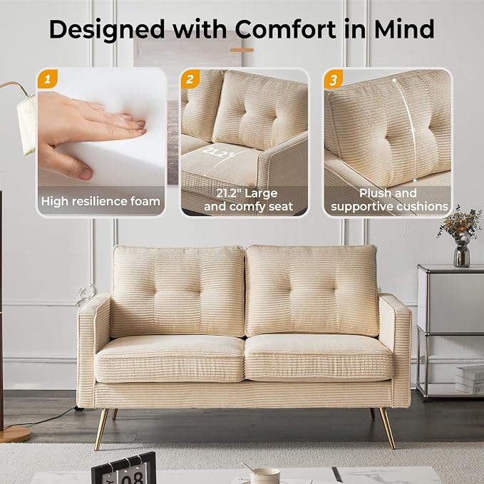 VINGLI 56" Modern Beige Loveseat,Small Corduroy Sofa Couch Deep Seat for Living Room,2-Seater Loveseat Sofa for Bedroom,Apartment,Office,Dorm,Small Space