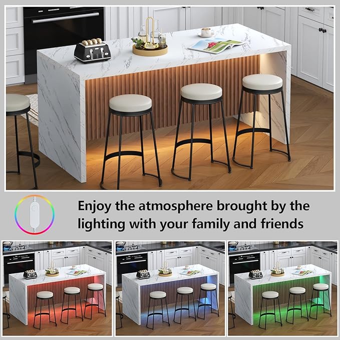 71" Large Imitation Marble Dining Table for 6-8 People, Island Table with LED Lights, Mordern Marble Stripes Kitchen Dining Table with Grille design for Dining Room, Home, Office, Living Room（white）