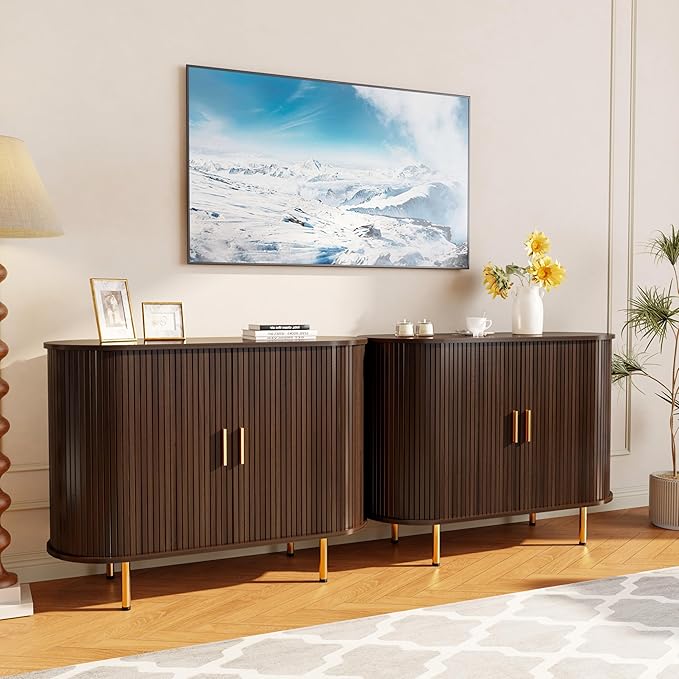 DHH Sideboard Buffet Cabinet with Storage,Mid Century Modern Fluted Accent Coffee Bar Console Table,Tambour Sliding Doors& Adjustable Shelf for Kitchen, Living Room, Entryway(Dark Walnut, 40 Inch)